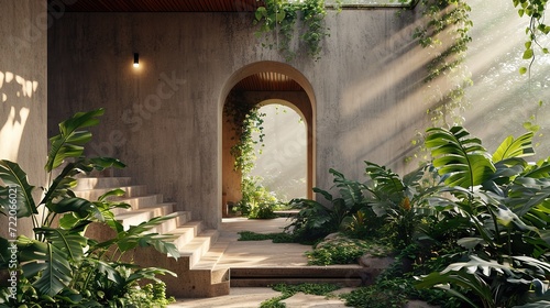 Serene indoor garden space with lush greenery and cascading sunlight creating a peaceful  natural atmosphere.