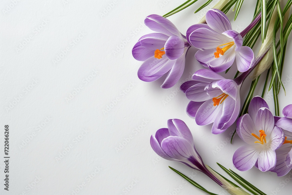 a spring banner, purple crocuses in close-up on a white background on the right, and a place for text on the left, the concept of spring design and greeting cards