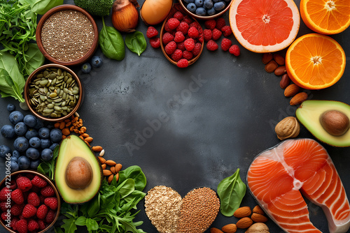 Frame from Ingredients for healthy foods selection on a dark background