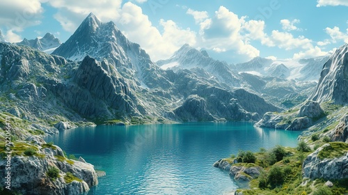 A breathtaking alpine lake nestles among towering rugged mountain peaks under a clear blue sky with fluffy white clouds.