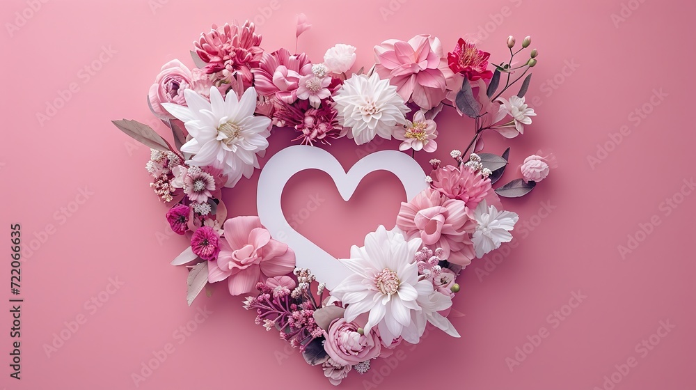 Vibrant heart-shaped wreath composed of various pink and white flowers, creating a romantic and festive atmosphere on a pink background. Vibrant heart-shaped wreath composed of various pink and white flowers, creating a romantic and festive atmosphere on a pink background.