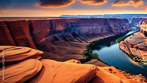 Grand Canyon Majesty: River Flowing Through Majestic Red Rocks at Sunset