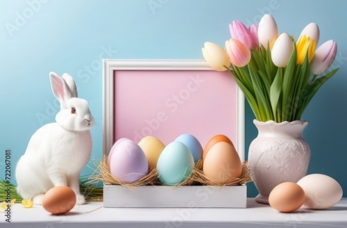 Pastel eggs and flowers on blue background, Easter still life with copy space © cvetikmart