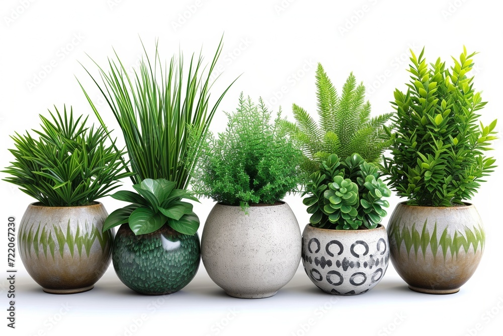 Various green succulents in decorative pots on a white background give the interior a modern and stylish look. Various green succulents in decorative pots on a white background give the interior a modern and stylish look.