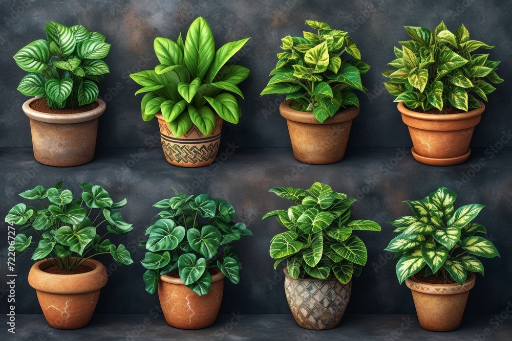 Illustration of various green plants in pots, showing a varied selection of herbs and foliage for gardening and interior decoration. Illustration of various green plants in pots, showing a varied selection of herbs and foliage for gardening and interior decoration.