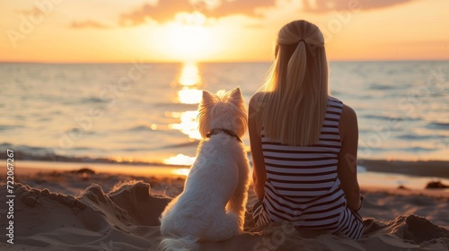 a girl and a West Highland Terrier puppy, sitting on the beach at sunset, with their back to the camera --ar 16:9 --v 6 Job ID: d6f06161-458f-4704-b88c-3b8473864a3e photo