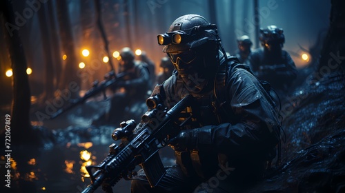 Special forces operators in full gear conducting a night-time operation with night vision equipment and silenced weapons