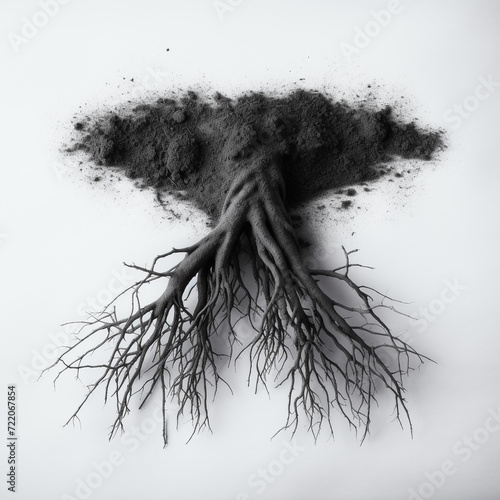 studio black and white picture of a piece of a small black simple root white background сreated with Generative Ai