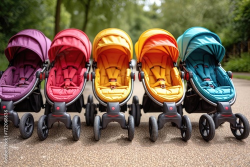 colorful baby strollers at a park photo