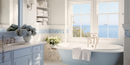 Minimalistic cozy bathroom interior design with wooden texture. Blue and white pastel colors  modern interior design   Pale blue bathroom decor  Coastal chic interior design