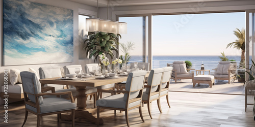 Elegant minimal Coastal chic interior design  simple and minimalist indoor living space of home   dinning table with white covered chairs and abstract art on back wall  Coastal chic interior design