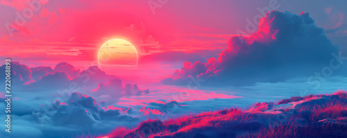 psychedelic neon sunset over the mountains, dramatic cloudscape