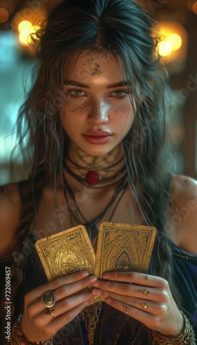 a pretty young woman wearing long hair is holding tarot cards
