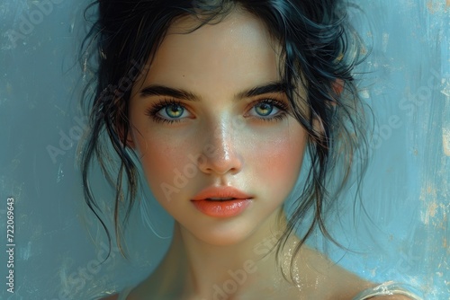 Captivating portrait of a young woman with striking blue eyes and soft features, highlighting natural beauty and intricate brushwork in a serene backdrop