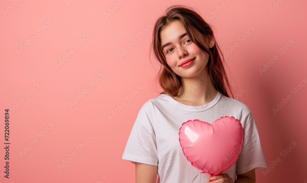 girl with a heart-shaped balloon on a pink background, Valentine's Day greeting concept girl with a heart-shaped balloon on a pink background, Valentine's Day greeting concept