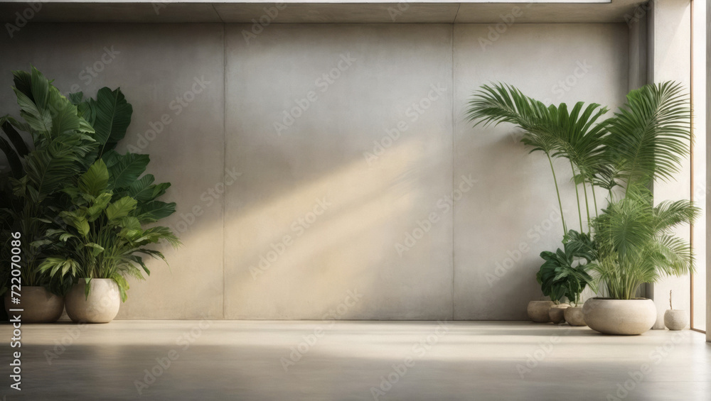 Interior living room wall mockup with leather sofa and plant decor on wooden wall background
