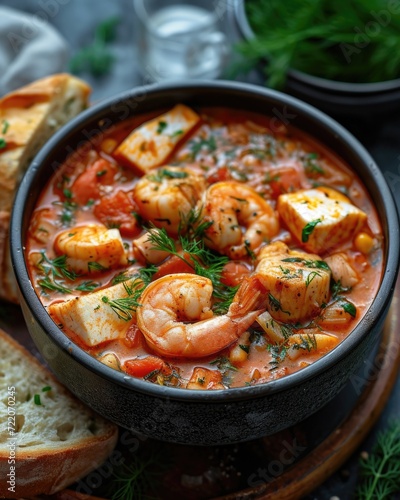 tomato soup with seafood, garlic bread