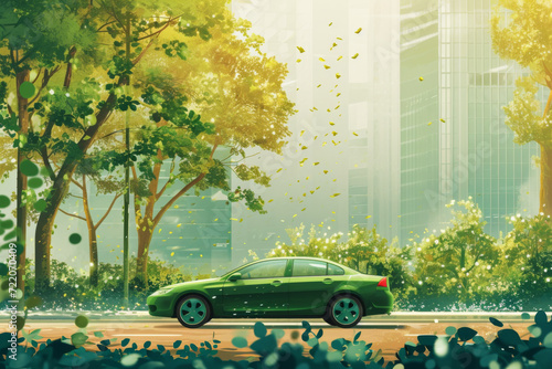 A green energe car in the background and trees photo