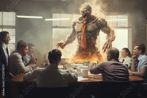 Abstract monster angry boss shout in chaos office because of failure deadline. Stressed cartoon characters. Office workers hurry up with job. Fun cartoon characters photo