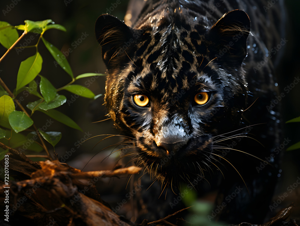 Black Panther stalks his prey behind the forest and is ready to pounce on his prey