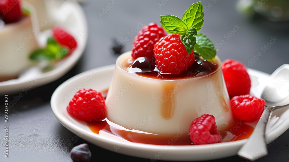 Panna Cotta: A creamy Italian dessert made from sweetened cream with gelatin and often flavored with vanilla and fresh fruit or caramel. Culinary art. Panna Cotta: A creamy Italian dessert made from sweetened cream with gelatin and often flavored with vanilla and fresh fruit or caramel. Culinary art.