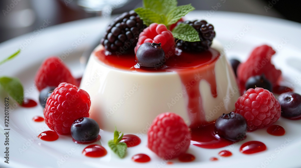 Panna Cotta: A creamy Italian dessert made from sweetened cream with gelatin and often flavored with vanilla and fresh fruit or caramel. Culinary art. Panna Cotta: A creamy Italian dessert made from sweetened cream with gelatin and often flavored with vanilla and fresh fruit or caramel. Culinary art.