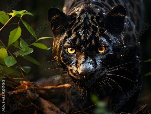 Black Panther stalks his prey behind the forest and is ready to pounce on his prey