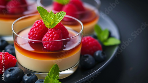 Panna Cotta: A creamy Italian dessert made from sweetened cream with gelatin and often flavored with vanilla and fresh fruit or caramel. Culinary art. photo