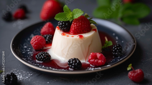 Panna Cotta: A creamy Italian dessert made from sweetened cream with gelatin and often flavored with vanilla and fresh fruit or caramel. Culinary art.