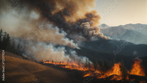 Forest fire  fire with smoke from the height of a bird flight. Natural disasters and climate change concept.