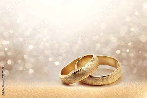 Wedding Rings Shine in a Banner of Love on a Glittery Background.