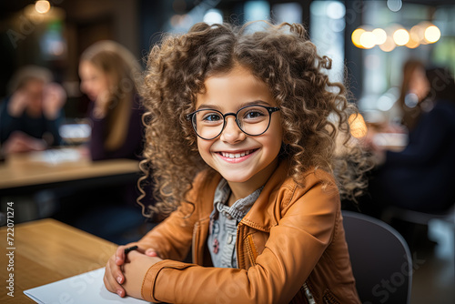 The Pensive Scholar: A Curious Little Girl With Glasses Engrossed in Her Studies at a Wooden Table
