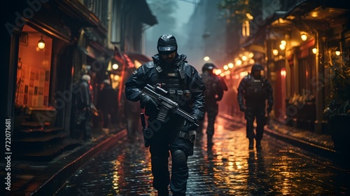 Special forces team conducting a covert operation in a dense urban environment photo