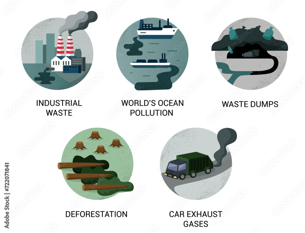 Pollution Color Environmental pollution color cartoon icon set. Human activity that ...