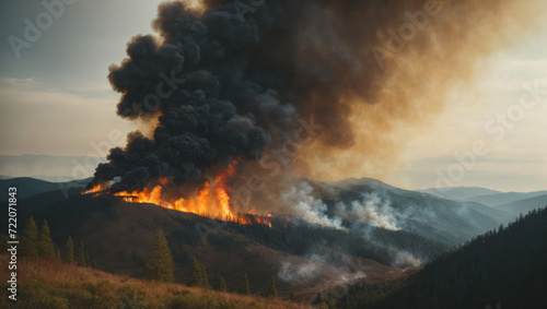 Forest fire: fire with smoke from the height of a bird flight. Natural disasters and climate change concept.