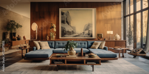 Interior of the modern apartments in a Mid-century style with a blue sofa and panoramic windows  with large abstract art design on background, Mid-century interior design  © Ammar Anwar 