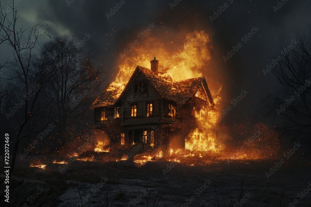 A private house engulfed in fire. Arson or natural disaster A private house engulfed in fire. Arson or natural disaster