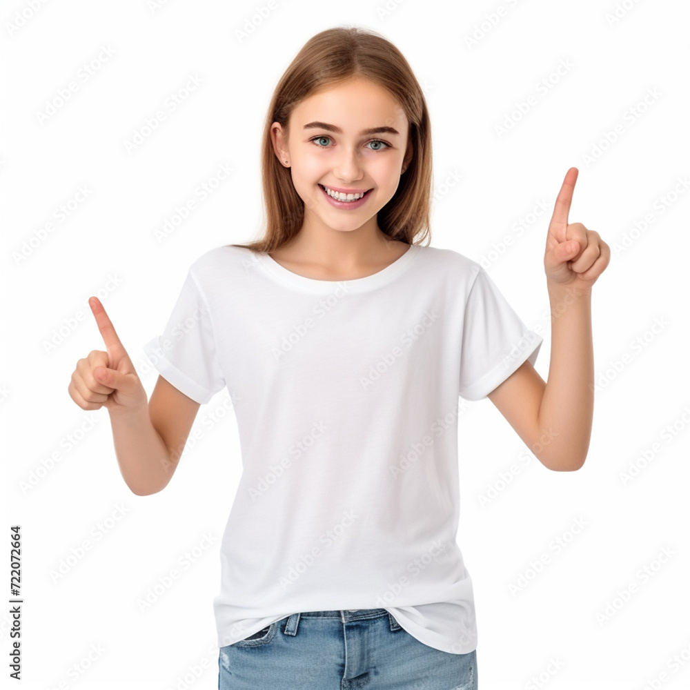 teenage girl with a smile in a white t-shirt on an isolated background points to something teenage girl with a smile in a white t-shirt on an isolated background points to something