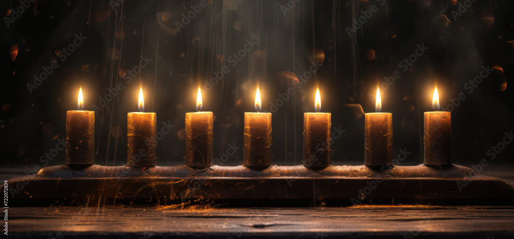 Glows of Faith: A Row of Decorative Candlelights in a Warm, Romantic Church Setting Glows of Faith: A Row of Decorative Candlelights in a Warm, Romantic Church Setting