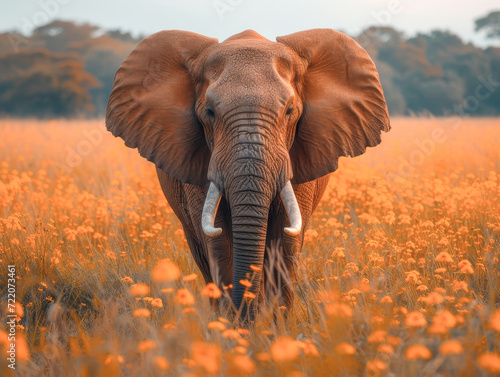 African elephant in a field of yellow flowers at dusk. 