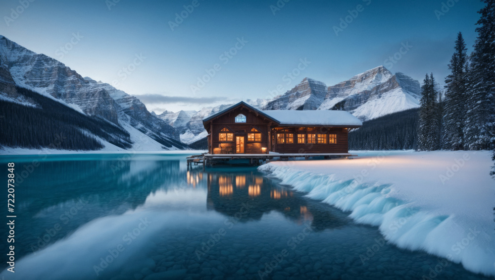 Fototapeta premium Beautiful view of a snow covered wooden lodge glowing in rocky mountains and pine forest. Beautiful winter landscape.