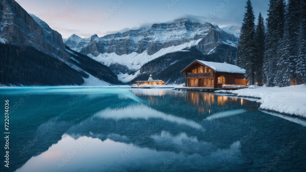 Beautiful view of a snow covered wooden lodge glowing in rocky mountains and pine forest. Beautiful winter landscape. Beautiful view of a snow covered wooden lodge glowing in rocky mountains and pine forest. Beautiful winter landscape.