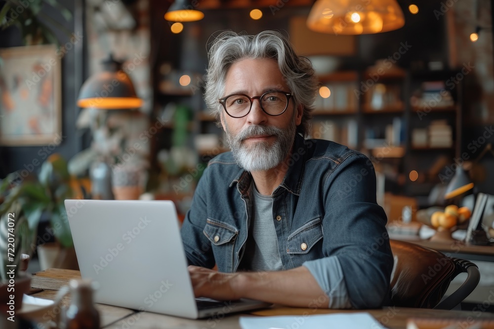 A focused man, clad in glasses and casual attire, sits intently at a wooden table, his laptop open before him, as he navigates the digital world with precision and determination A focused man, clad in glasses and casual attire, sits intently at a wooden table, his laptop open before him, as he navigates the digital world with precision and determination