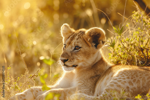 A moment of peaceful repose, highlighting the lion cub's serenity amidst nature's beauty © Veniamin Kraskov