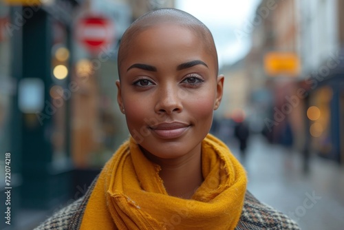 A confident woman with a shaved head and a warm smile stands on a busy street, her plaid jacket and yellow scarf adding a pop of color against the city backdrop
