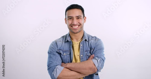 Man, face and student in studio, confidence and trendy hipster outfit by pink background. Asian male person, portrait and pride by mockup space, fashion and excited for university and education photo
