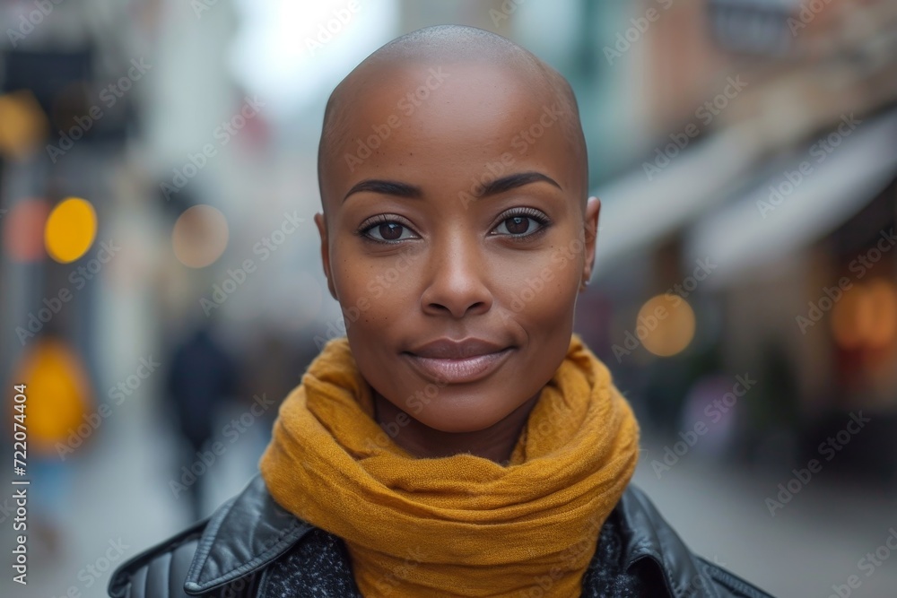 A cheerful woman wearing a yellow scarf around her neck stands in front of a building, her smile lighting up the street as she exudes confidence and style in her shawl stole A cheerful woman wearing a yellow scarf around her neck stands in front of a building, her smile lighting up the street as she exudes confidence and style in her shawl stole