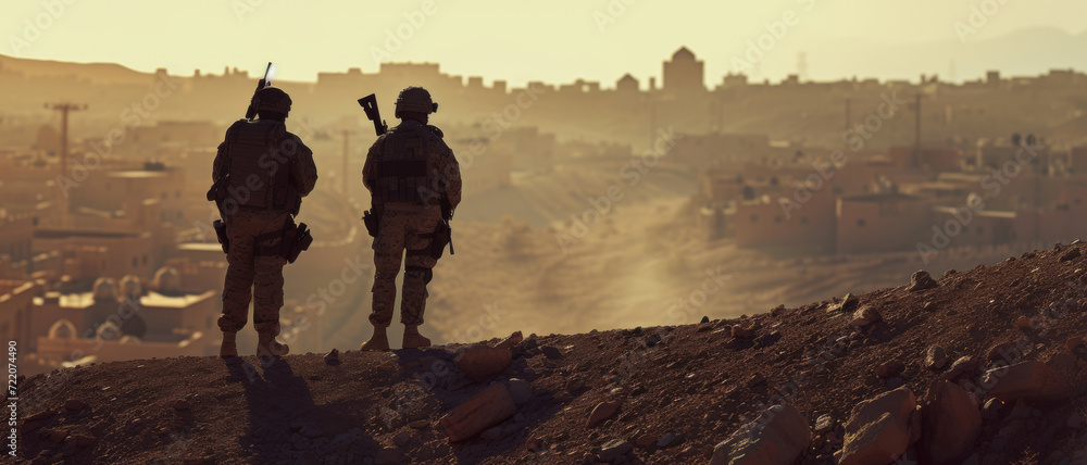 Silhouetted soldiers stand watch over a dusty town at dusk, a silent vigil in the waning light of day - obrazy, fototapety, plakaty 