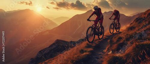 Cyclists conquer mountain trails at sunset, their silhouettes etched against the fiery sky, embodying the spirit of adventure