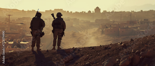 Silhouetted soldiers stand watch over a dusty town at dusk, a silent vigil in the waning light of day photo